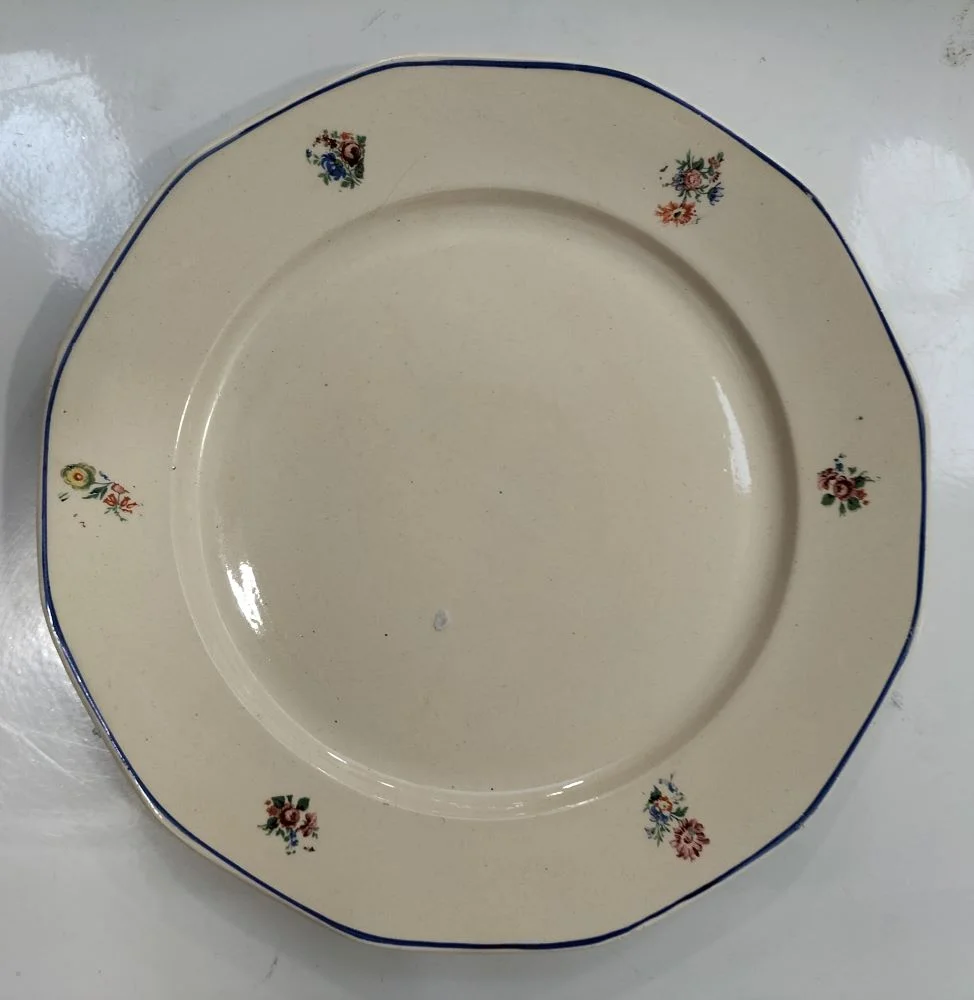 ANCIEN PLAT ROND grande assiette EN TÔLE ÉMAILLÉE Décor Fleurs roses