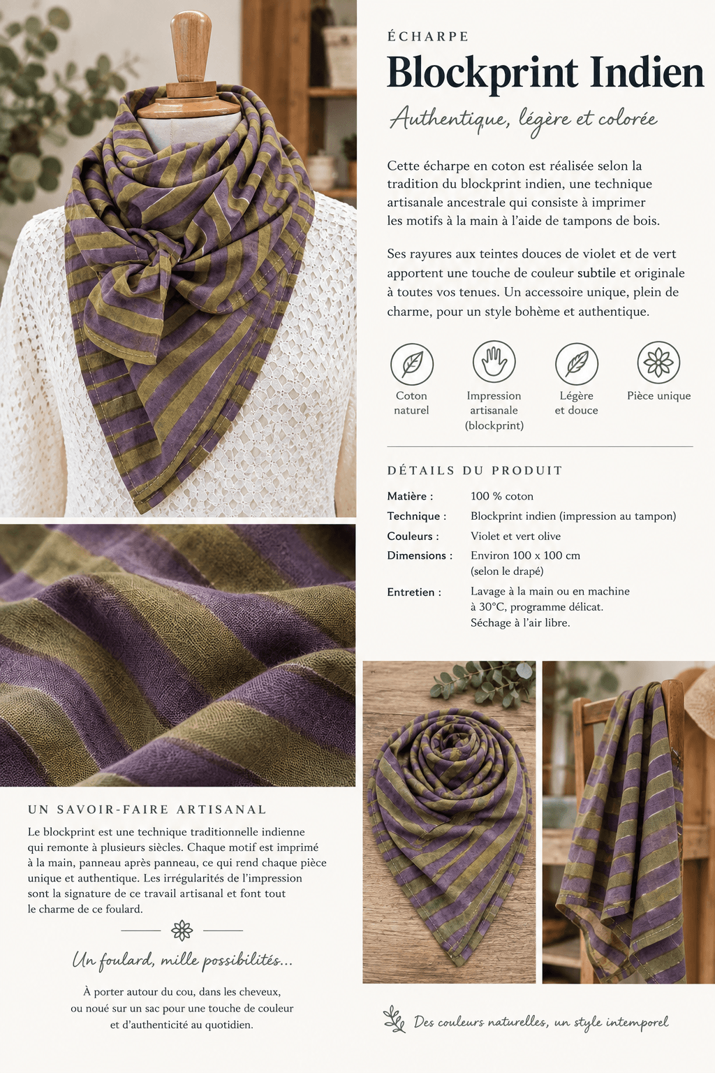 Grand foulard indien rayé vert et mauve