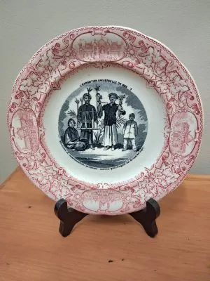 Ancienne assiette parlante, palais cristal, chasseur de lion, Gien